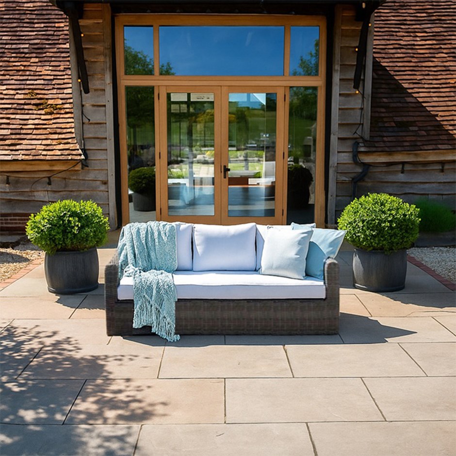Classic Rattan 3 Seater Garden Sofa With Cushions In Stone