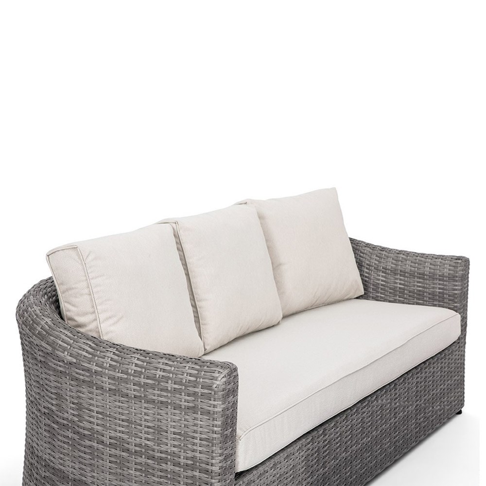 Classic Rattan 3 Seater Garden Sofa With Cushions In Stone