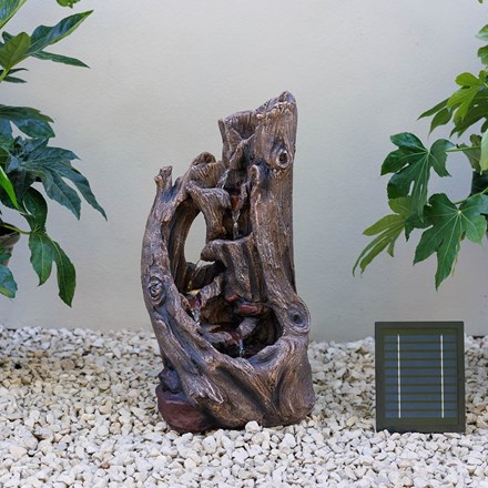 Wood effect tree section solar water feature with 3 LED lights & battery back-up