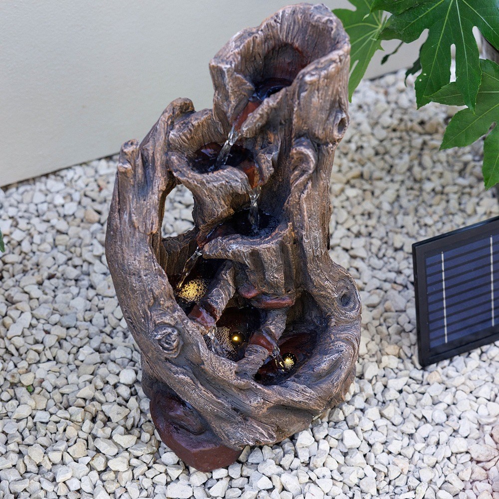 Tree Bark Solar Water Feature With Lights
