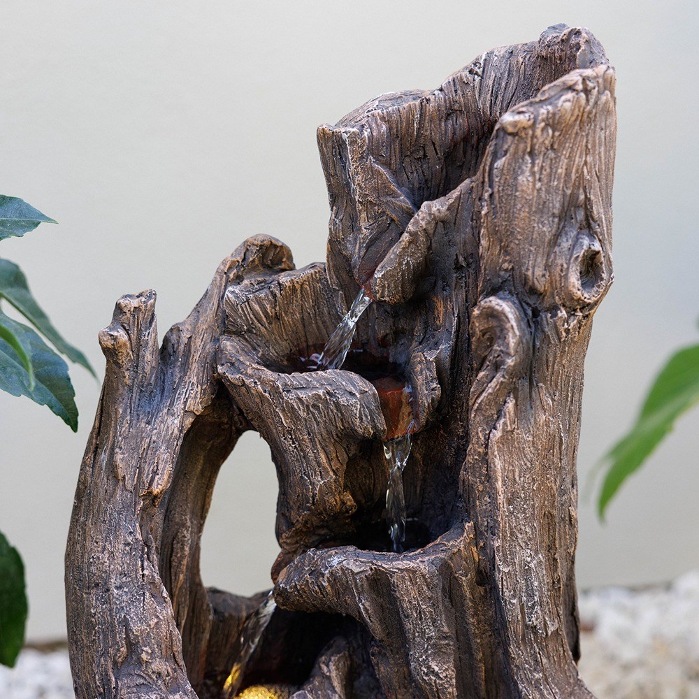 Tree Bark Solar Water Feature With Lights