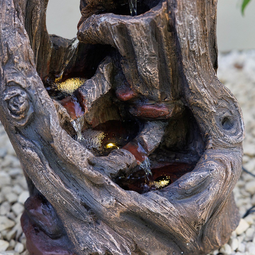 Tree Bark Solar Water Feature With Lights
