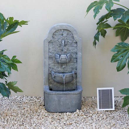 Brick effect pipe and bowl cascade solar water wall with 4 LED lights & battery