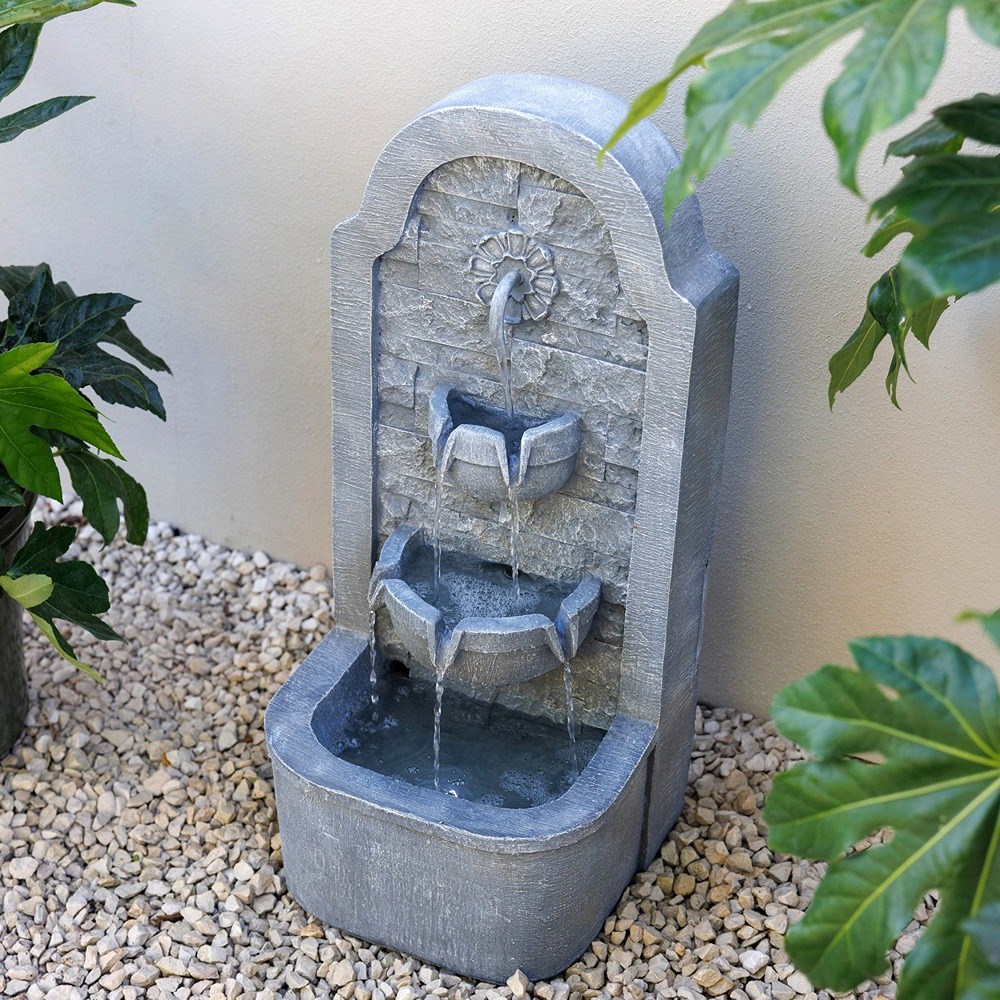 Cascading Bowls Standing Solar Water Wall Feature With Lights