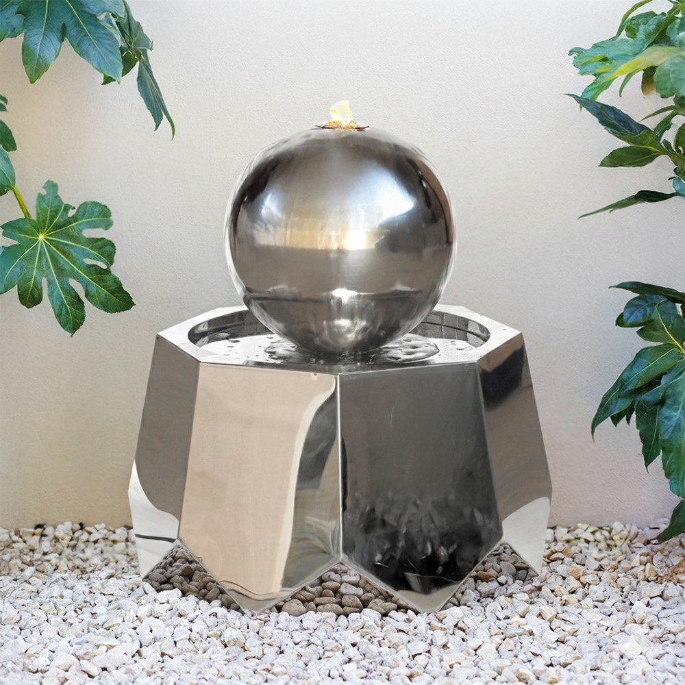 Stainless steel sphere water feature with LED lights