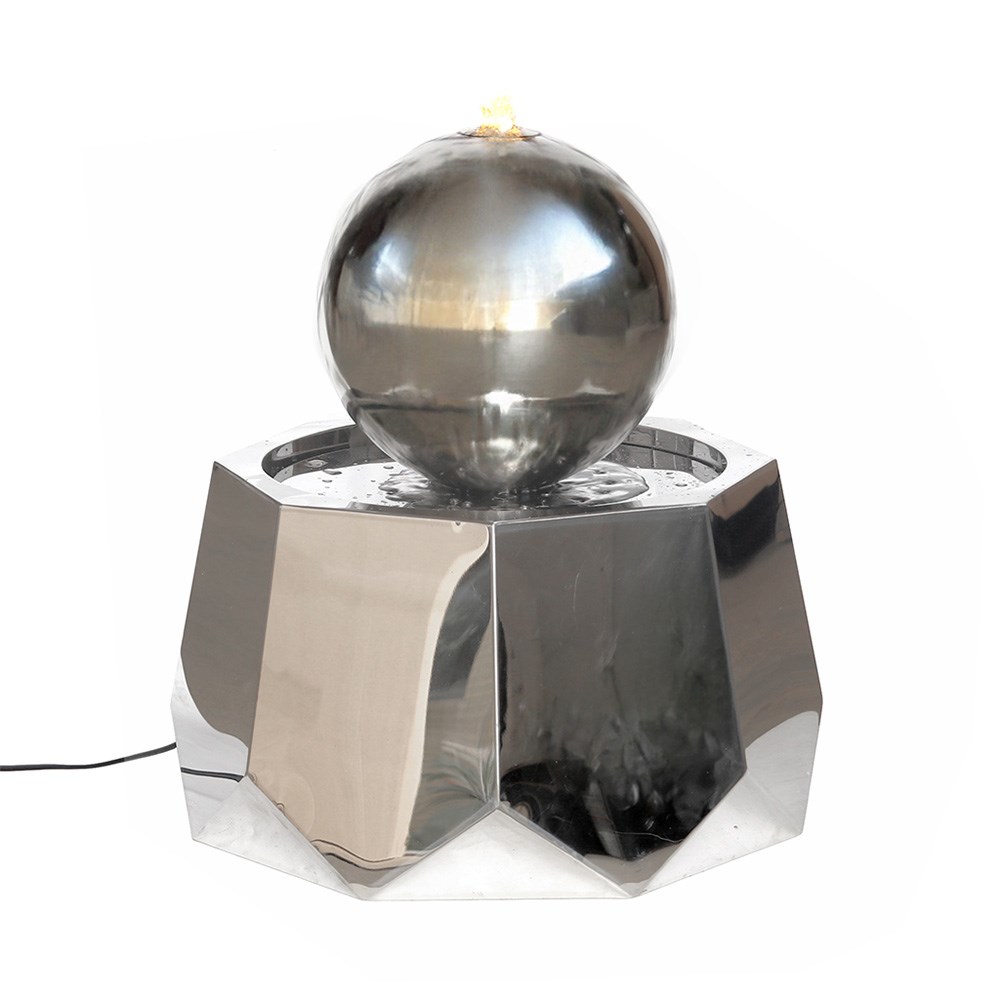 Stainless steel sphere water feature with LED lights