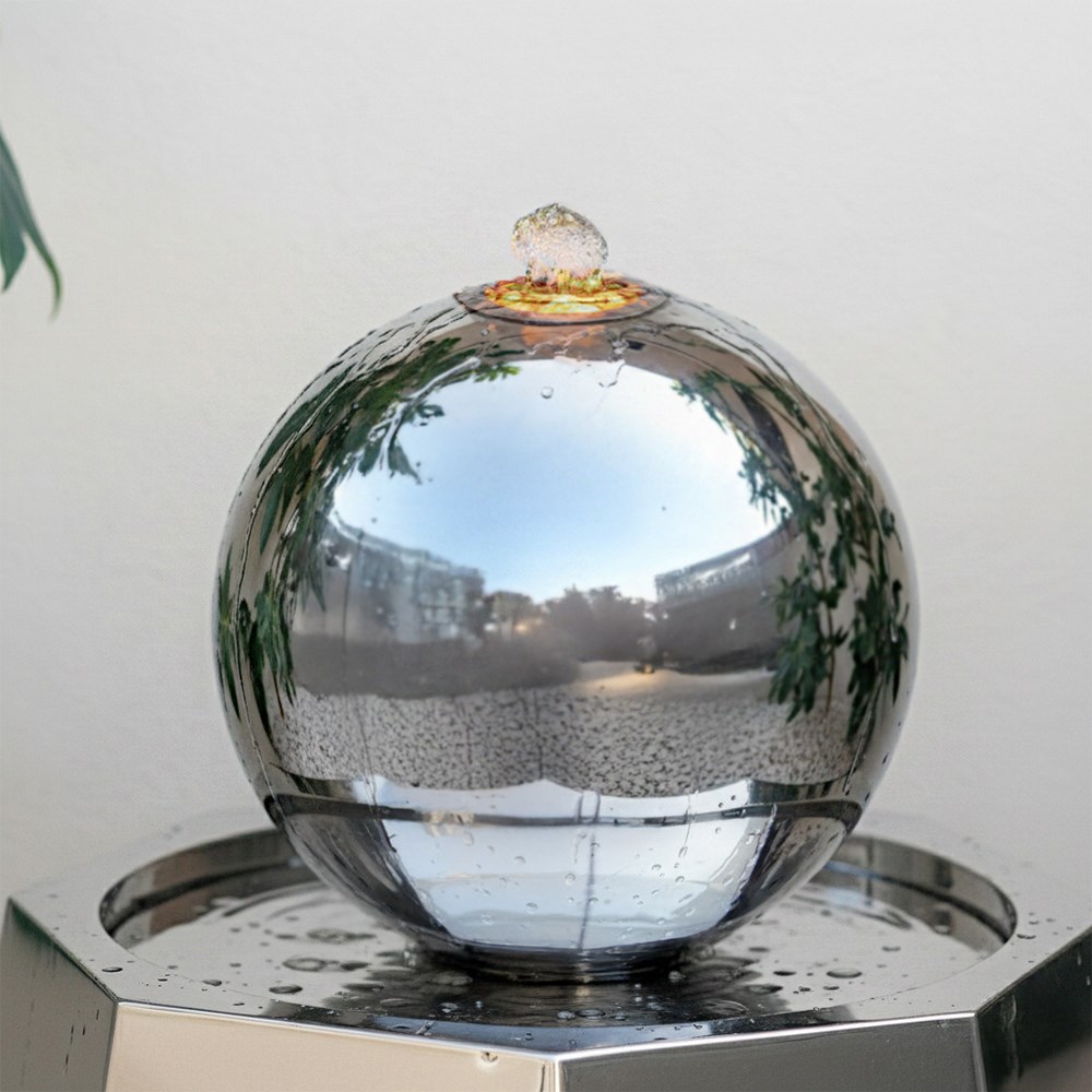 Stainless steel sphere water feature with LED lights