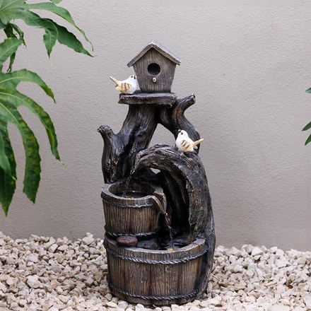 Bird house with 2 birds and barrels polyresin water fountain with LED light, sol
