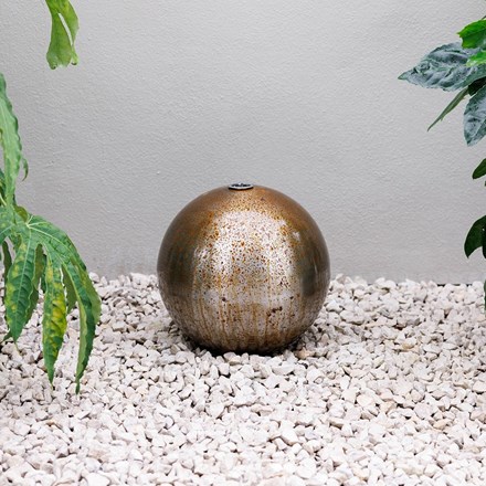 Corten steel 30cm sphere water feature with pump, LED, transformer, plastic rese