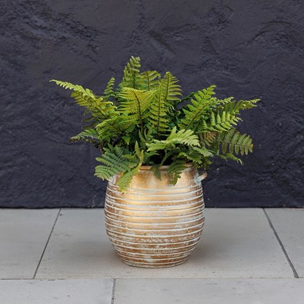 Round metal planter with handles and ribbing