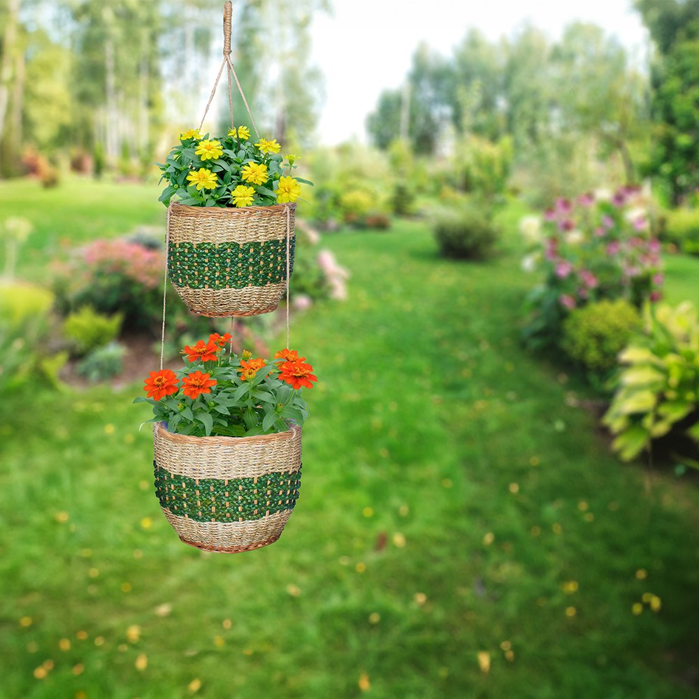 Triple Weave Double Hanging Basket with Woven Design