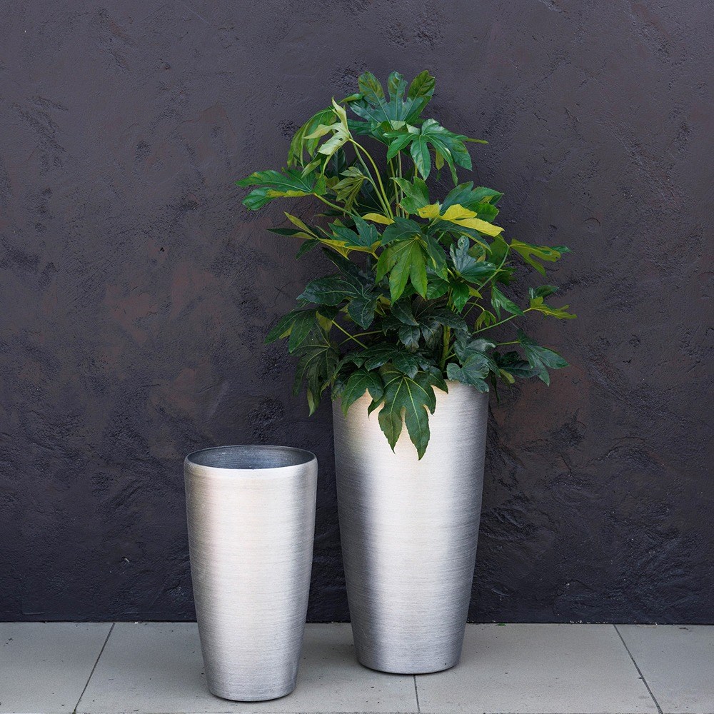 Brushed Silver Flared Cylinder Outdoor Planter