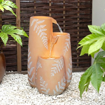 Terracotta-coloured ceramic 3 jug leaf design outdoor fountain with LED light
