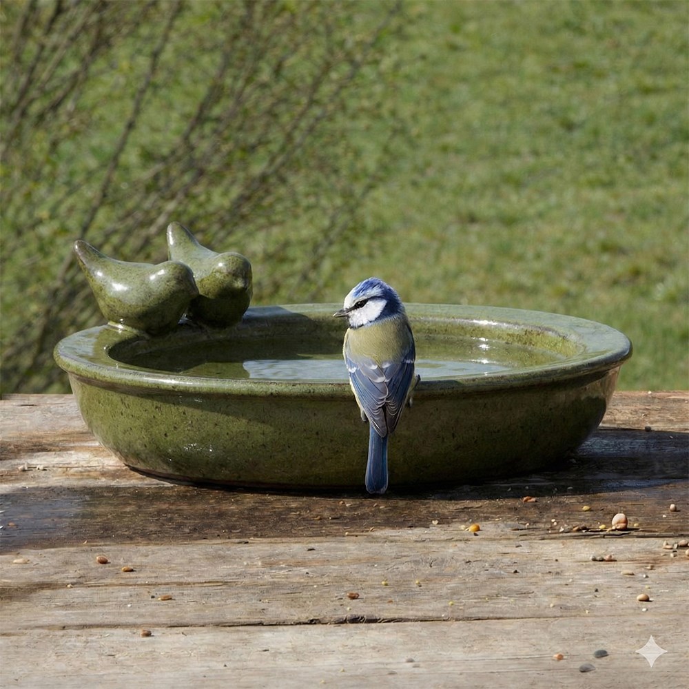 Green Antracite Glazed Ceramic Bird Bath