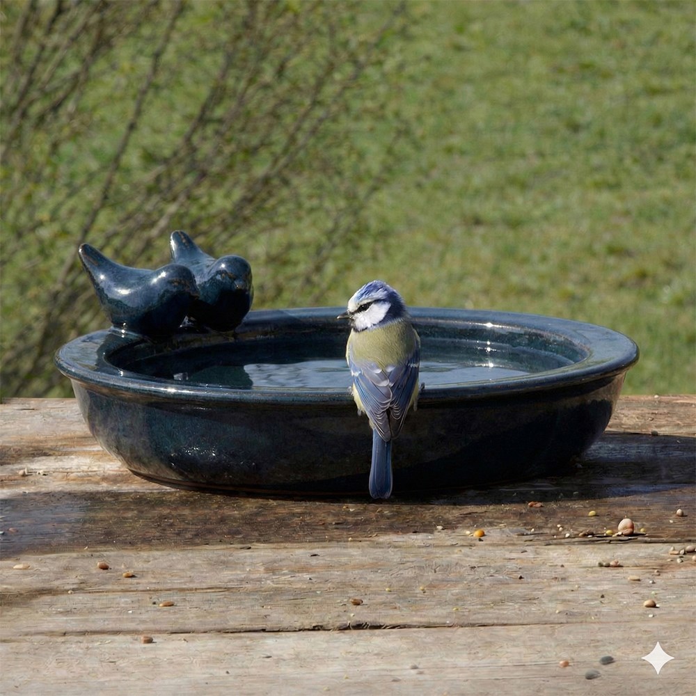 Dark Petrol Blue Ceramic Bird Bath