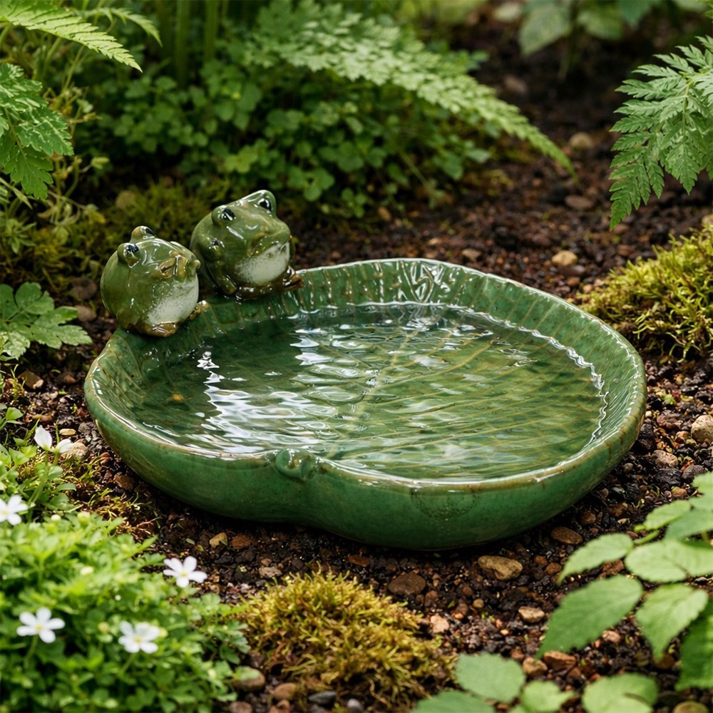 Green Leaf And Frogs Ceramic Bird Bath