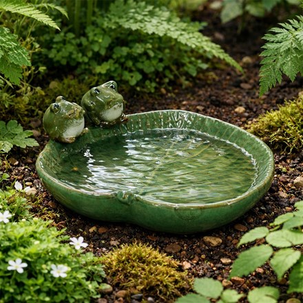Green Leaf And Frogs Ceramic Bird Bath