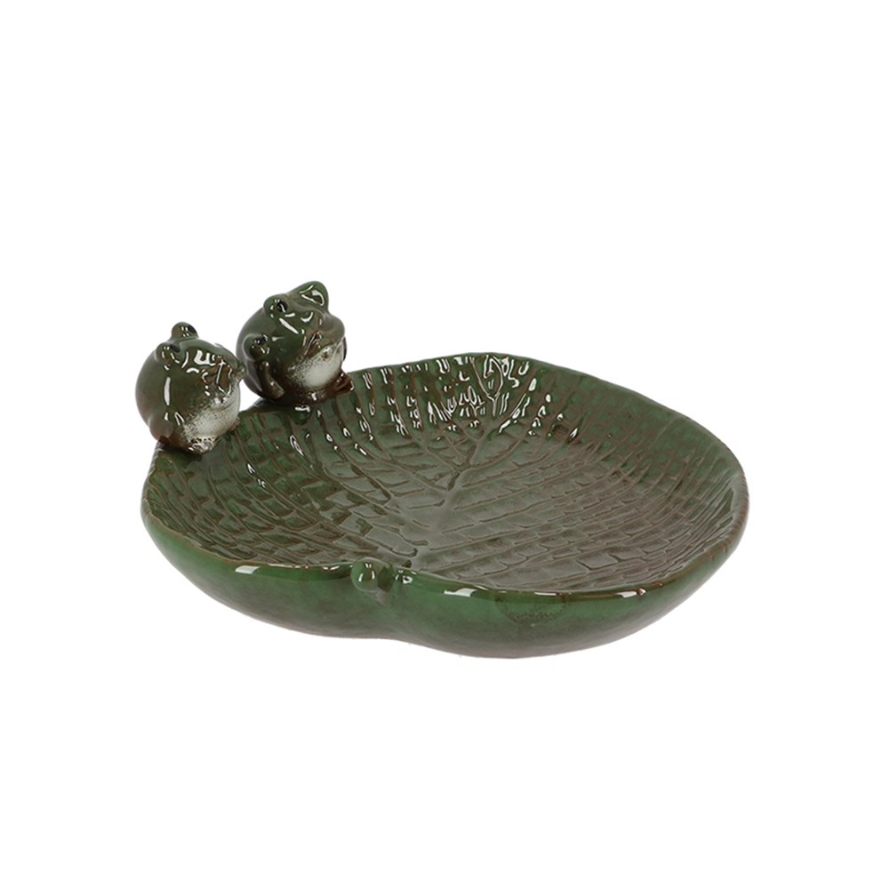 Green Leaf And Frogs Ceramic Bird Bath