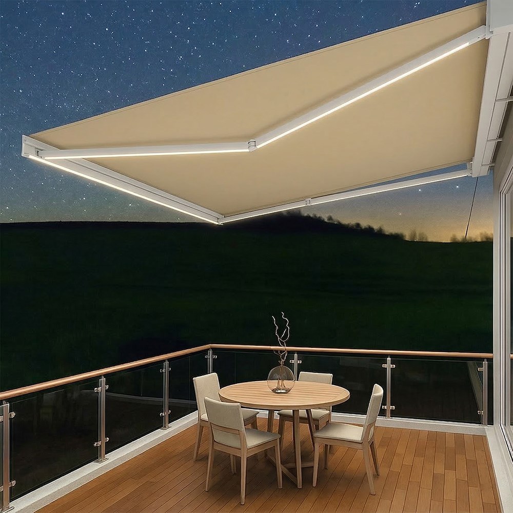 Deluxe Wireless White Full Cassette Electric Awning With Lights | Ivory