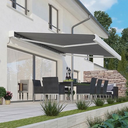 2.5M DELUXE WIRELESS FULL CASSETTE ELECTRIC AWNING WITH LIGHTS (WHITE CASSETTE) | PIN STRIPE GREY