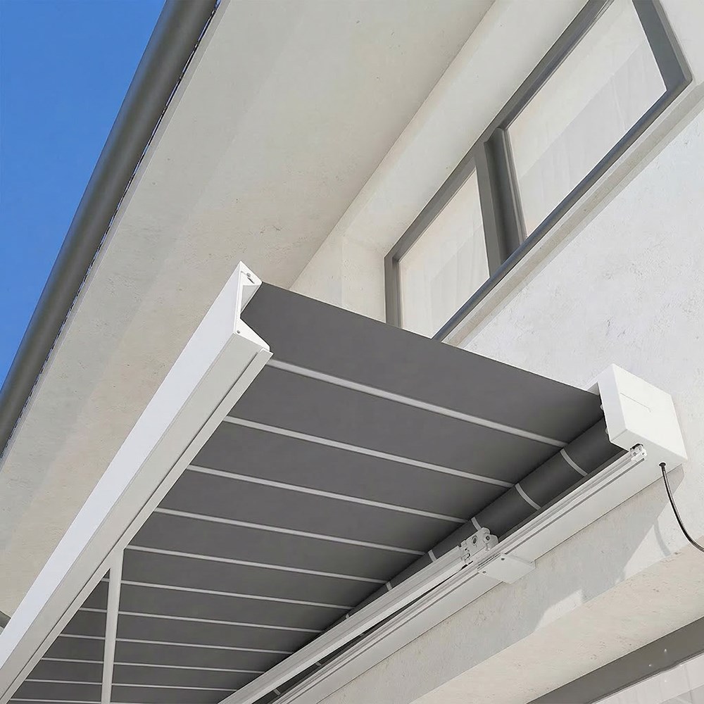 Deluxe Wireless White Full Cassette Electric Awning With Light | Pin Stripe Grey