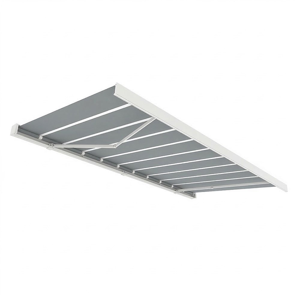 Deluxe Wireless White Full Cassette Electric Awning With Light | Pin Stripe Grey
