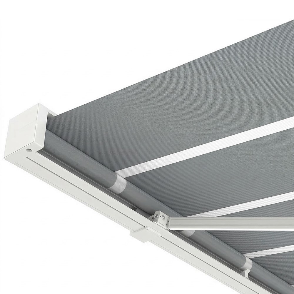 Deluxe Wireless White Full Cassette Electric Awning With Light | Pin Stripe Grey