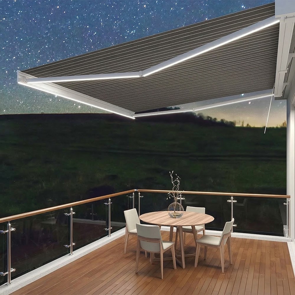 Deluxe Wireless White Full Cassette Electric Awning With Light | Pin Stripe Grey
