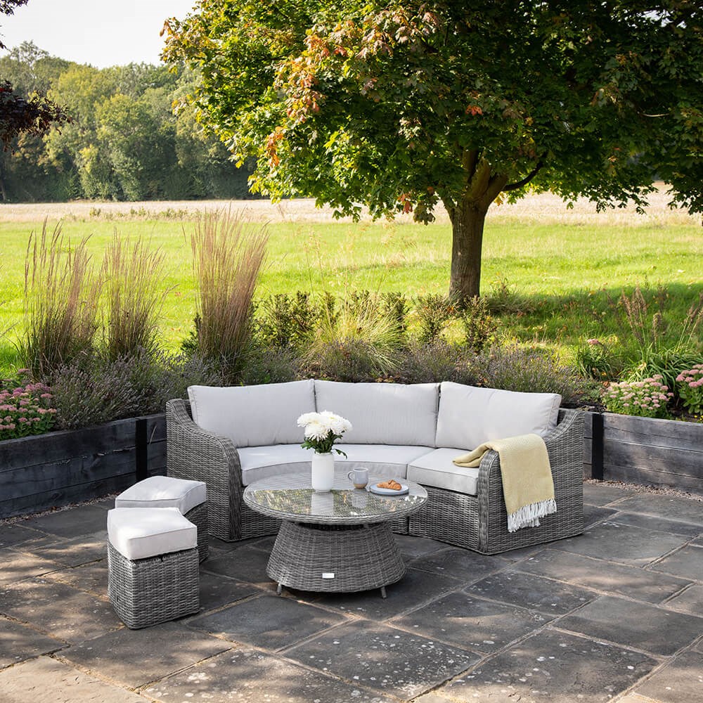 Buy Luxury Rattan Modular Sofa Set w/ Coffee Table & Footstools in Stone Delivery by Primrose